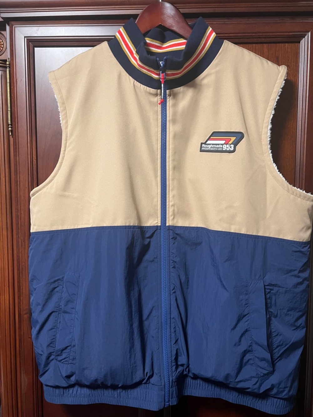 Like New Roughroads 953 Porsche Design Tan & Navy Reversible Sherpa-Lined Vest!